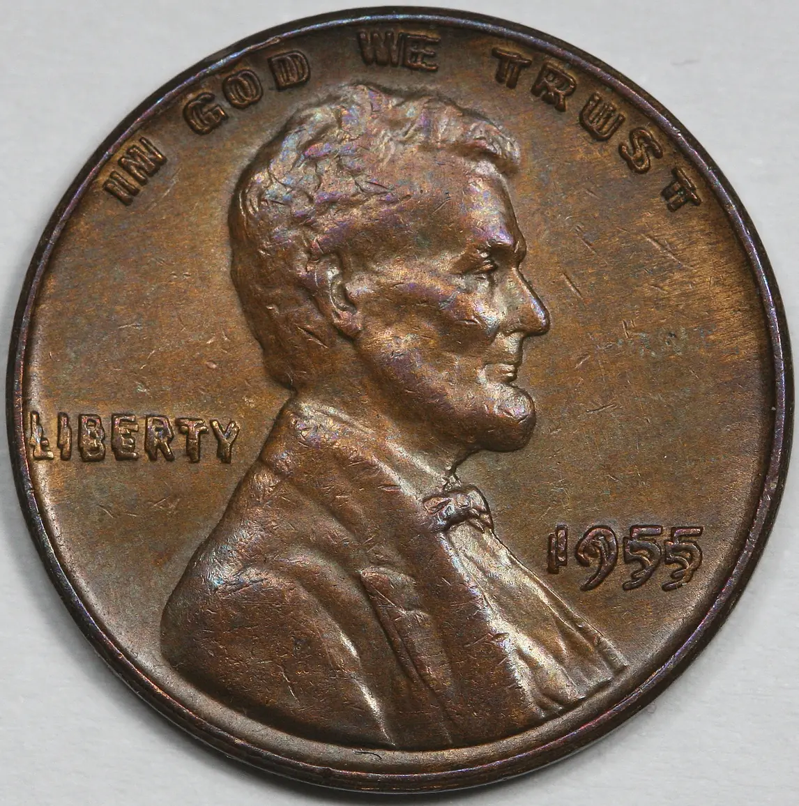Genuine 1955 doubled die Lincoln cent showing strong doubling on the date and lettering
