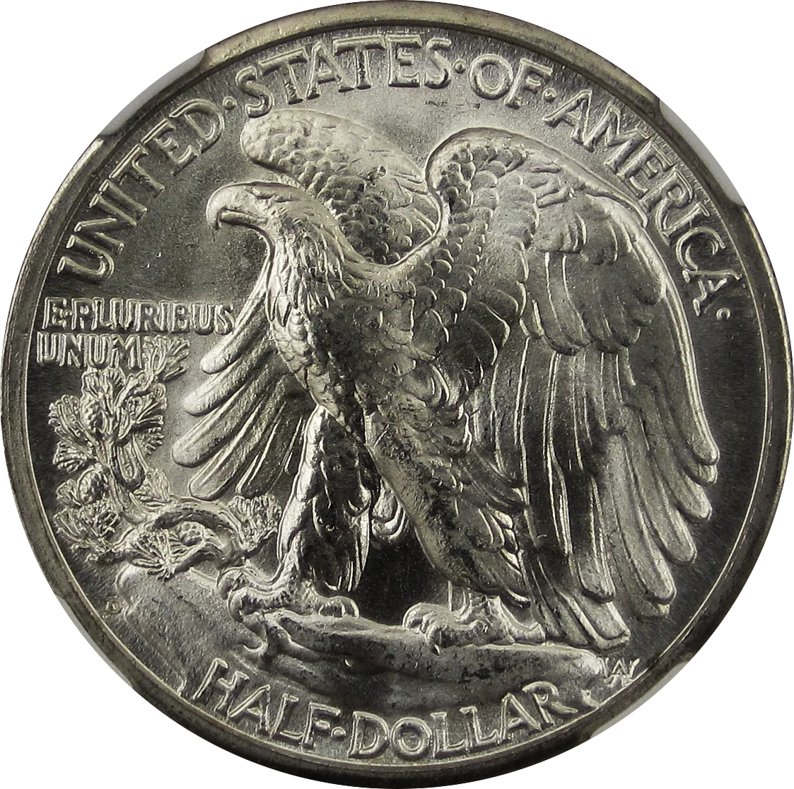 1945-D Walking Liberty half dollar, back, showing the eagle