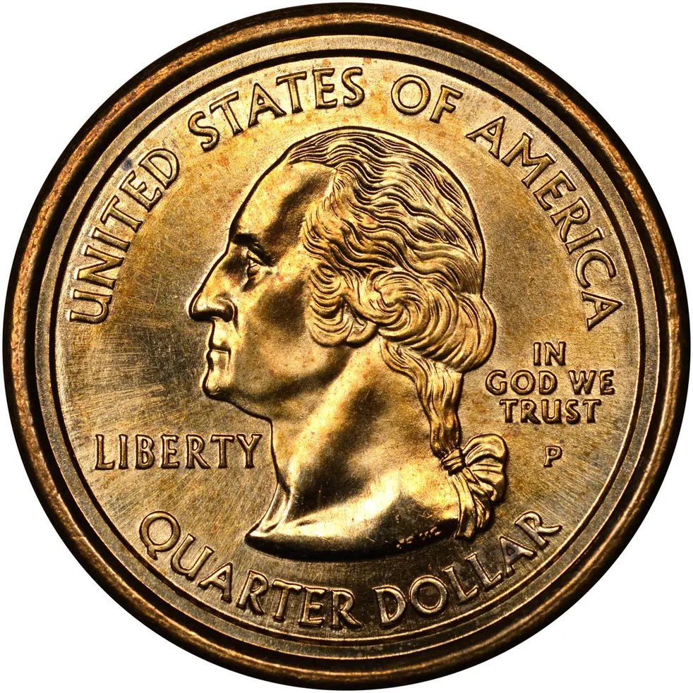 The 2000 Washington and Sacagawea "mule" error dollar, front, showing George Washington on a gold-colored coin