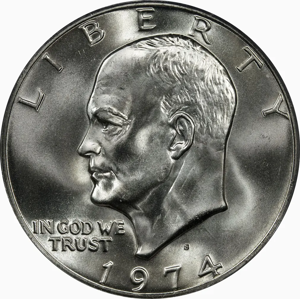1974-S 40% silver Eisenhower dollar, front, with the small S mint mark above the date