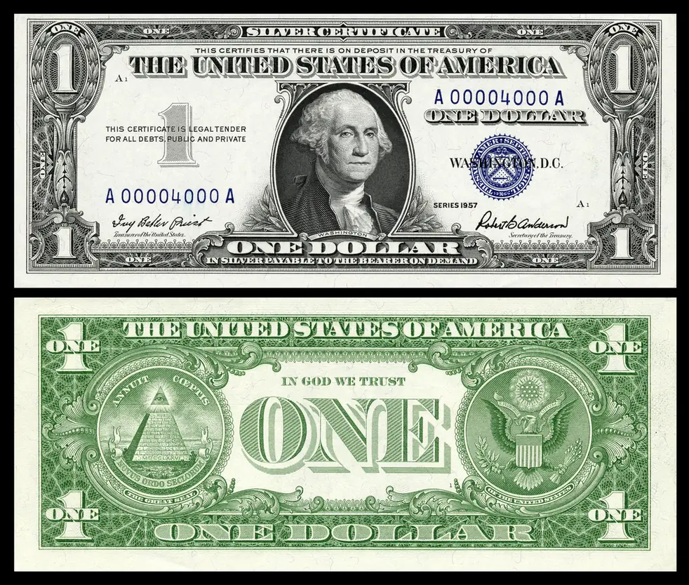 Series 1957 one-dollar silver certificate with a blue seal, front and back