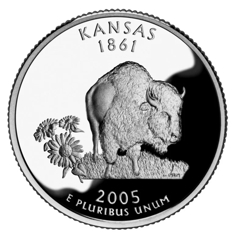 2005 Kansas state quarter, back, showing a bison and sunflowers