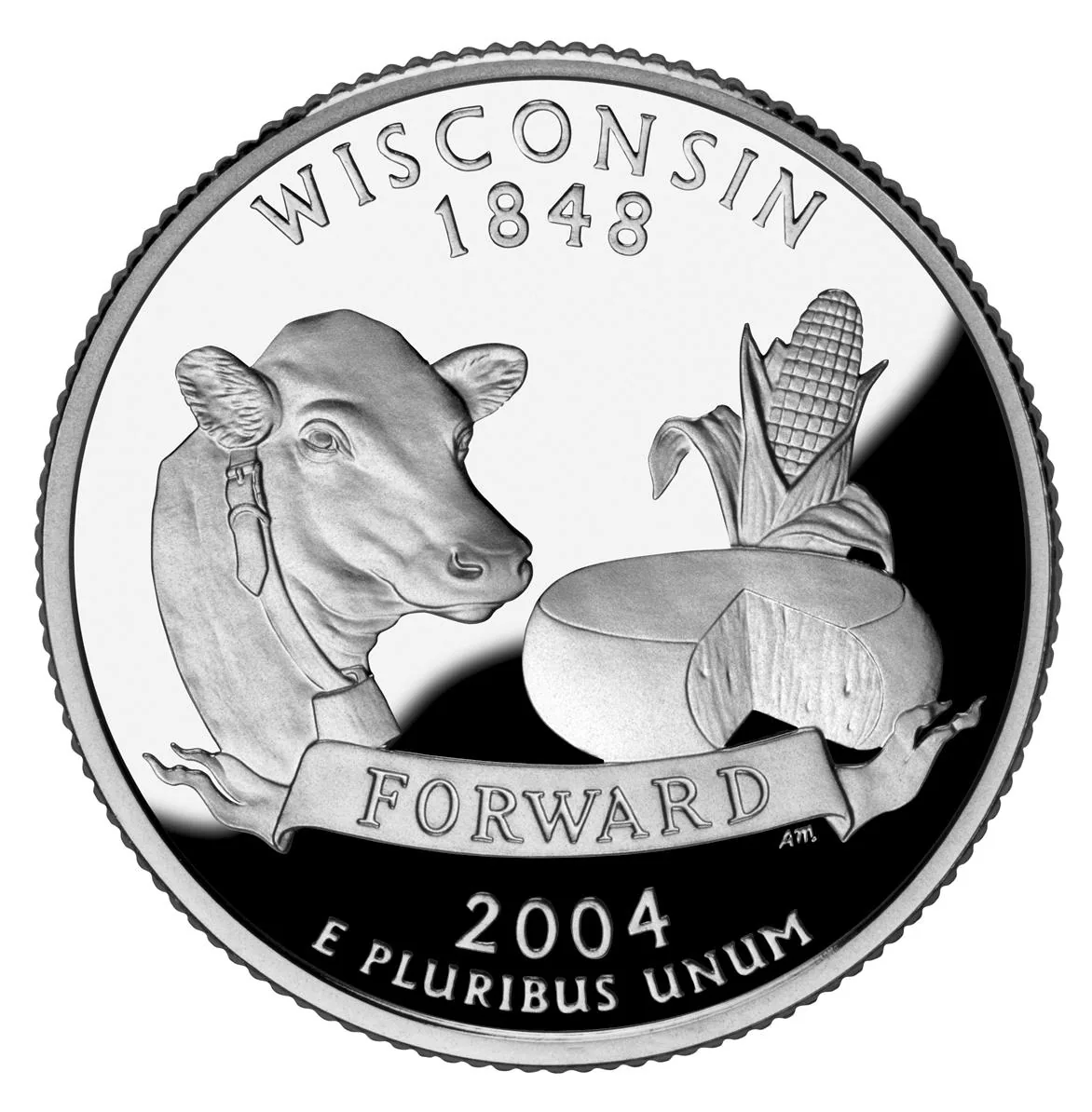 2004 Wisconsin state quarter, back, showing a cow, cheese, and an ear of corn