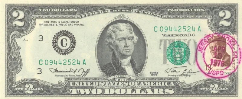 1976 two-dollar bill showing the signing of the Declaration of Independence