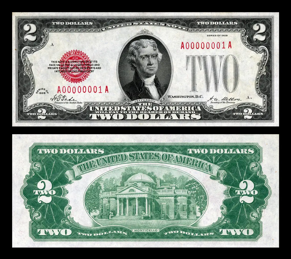 Series 1928 two-dollar United States Note with a red seal, front and back
