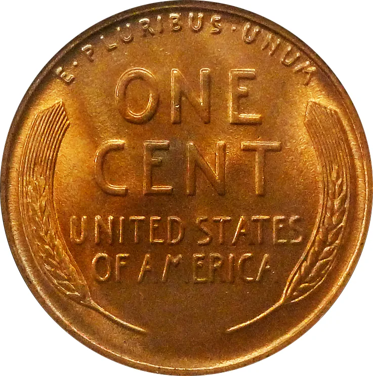 Back of a Lincoln wheat cent showing two ears of wheat