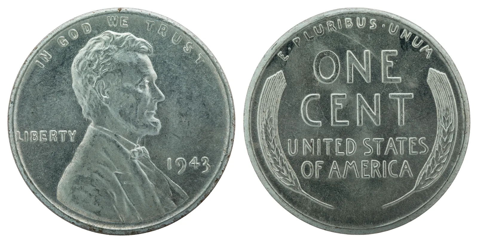 1943 zinc-coated steel Lincoln cent, front and back
