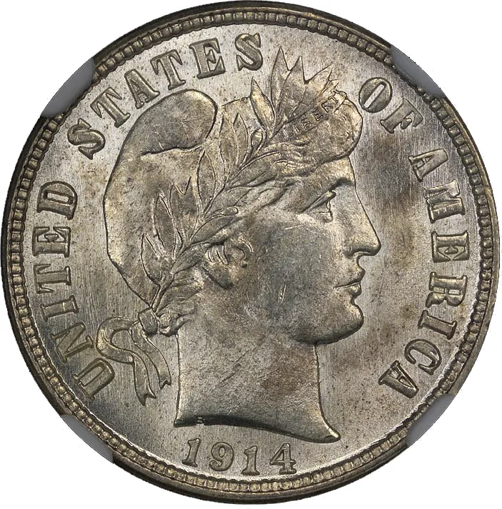 1914 Barber dime in high grade, front