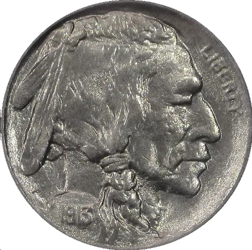 1913 Type 1 Buffalo nickel, front, showing a Native American portrait