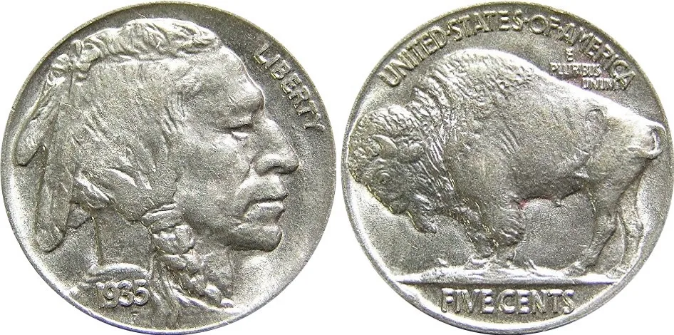 1935 Buffalo nickel, front and back, showing the bison on a flat line