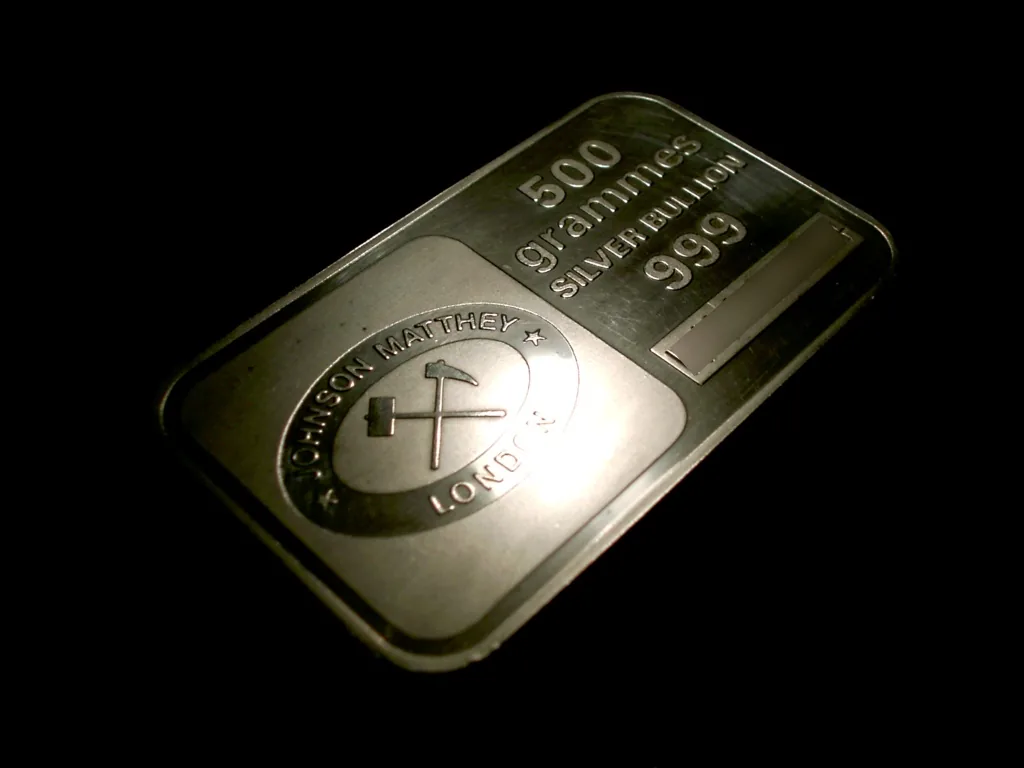 A Johnson Matthey 500-gram silver bullion bar