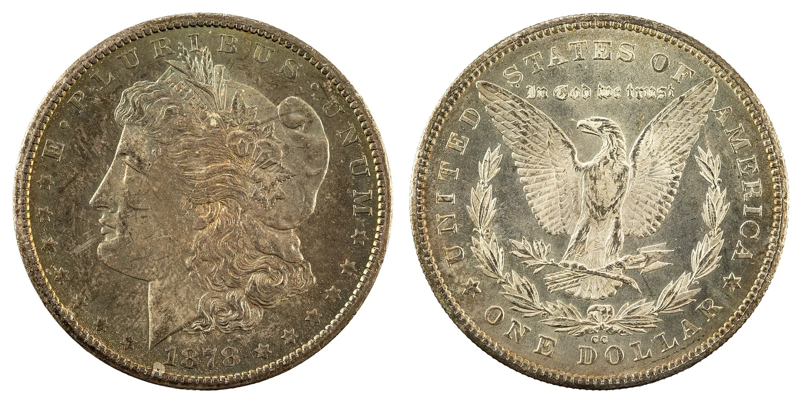 1878-CC Morgan silver dollar, front and back