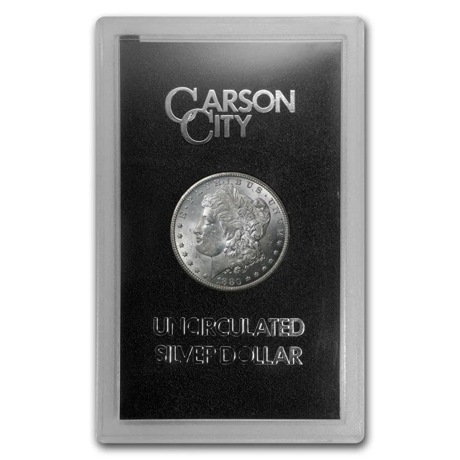 1880-CC Morgan silver dollar sealed in a black GSA holder