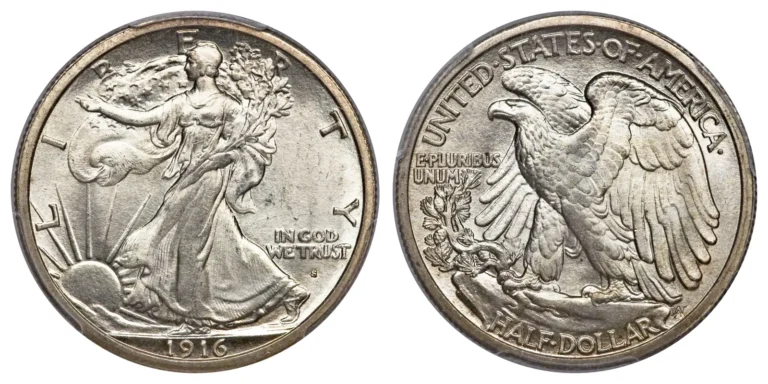 1916-S Walking Liberty half dollar, front (obverse) and back (reverse)