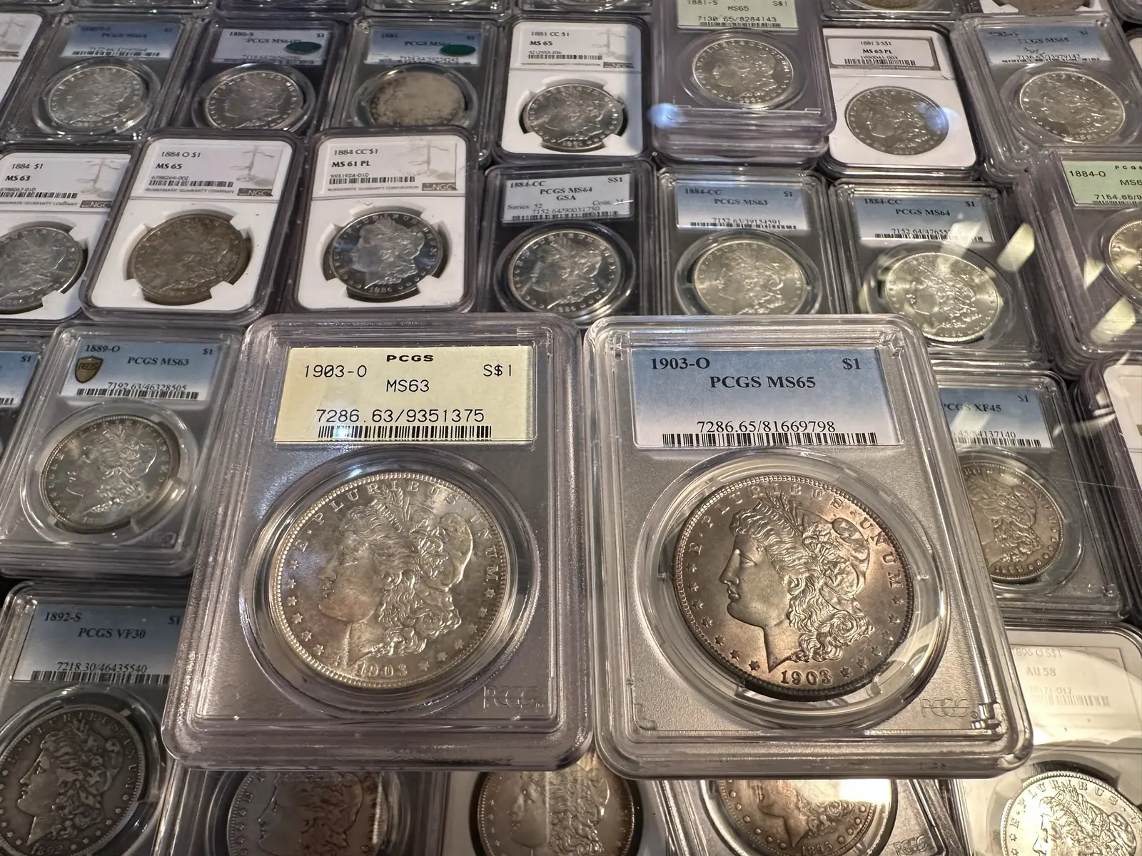 Several coins in graded plastic holders, known as slabs