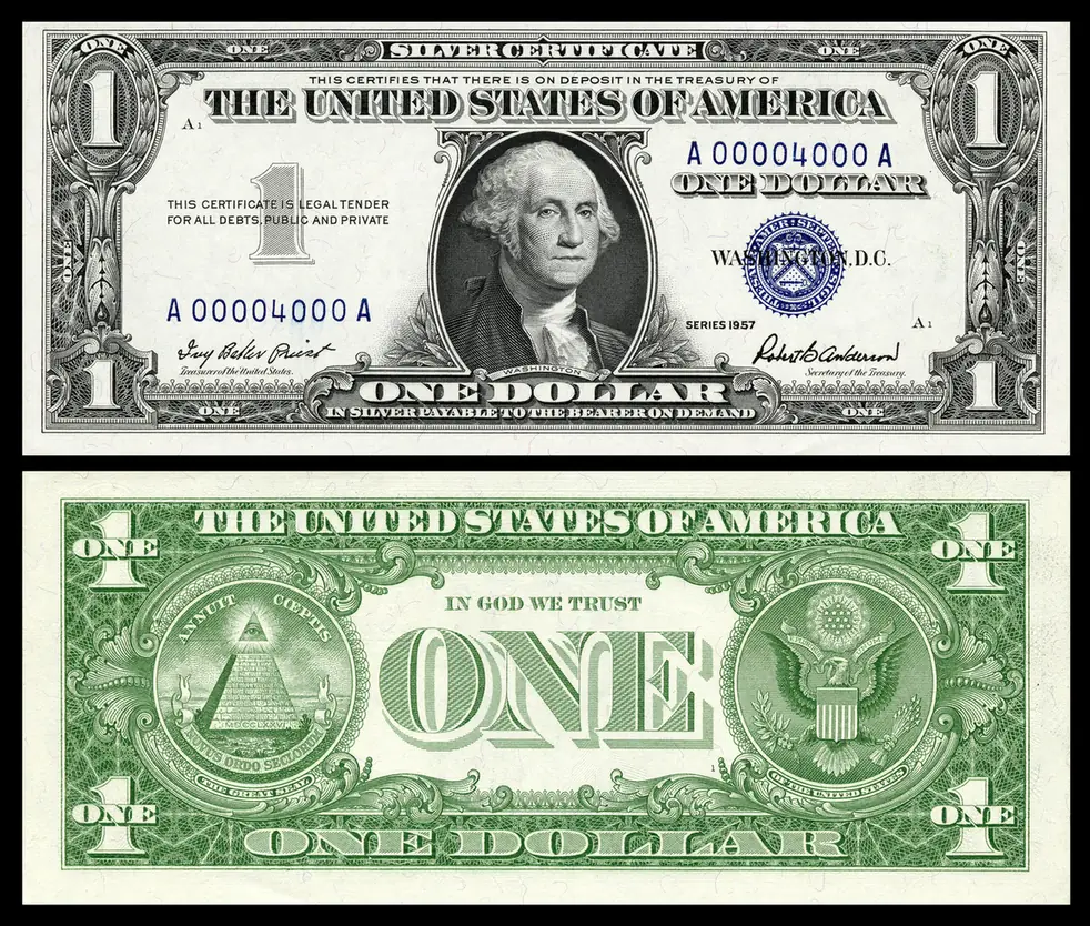 Series 1957 one-dollar silver certificate with a blue seal, front and back