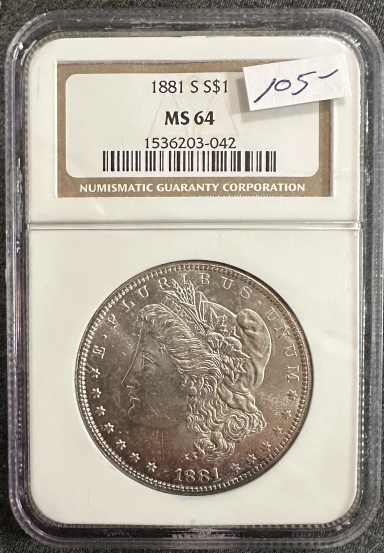 1881-S Morgan silver dollar in an NGC holder graded MS 64