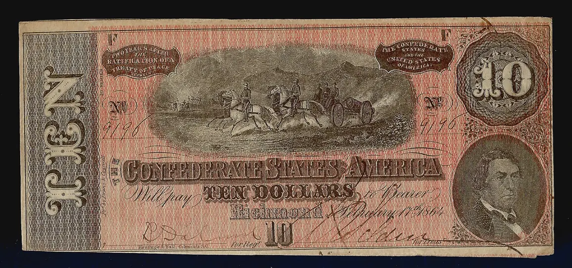 Genuine 1864 Confederate States of America ten-dollar note, front