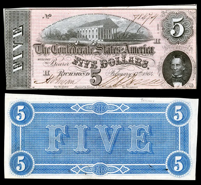Genuine 1864 Confederate five-dollar note