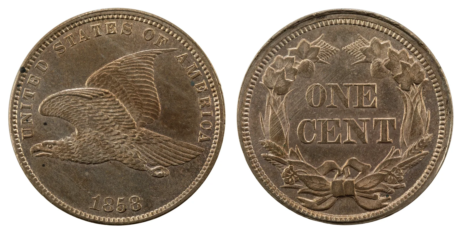 1858 Flying Eagle cent, front and back