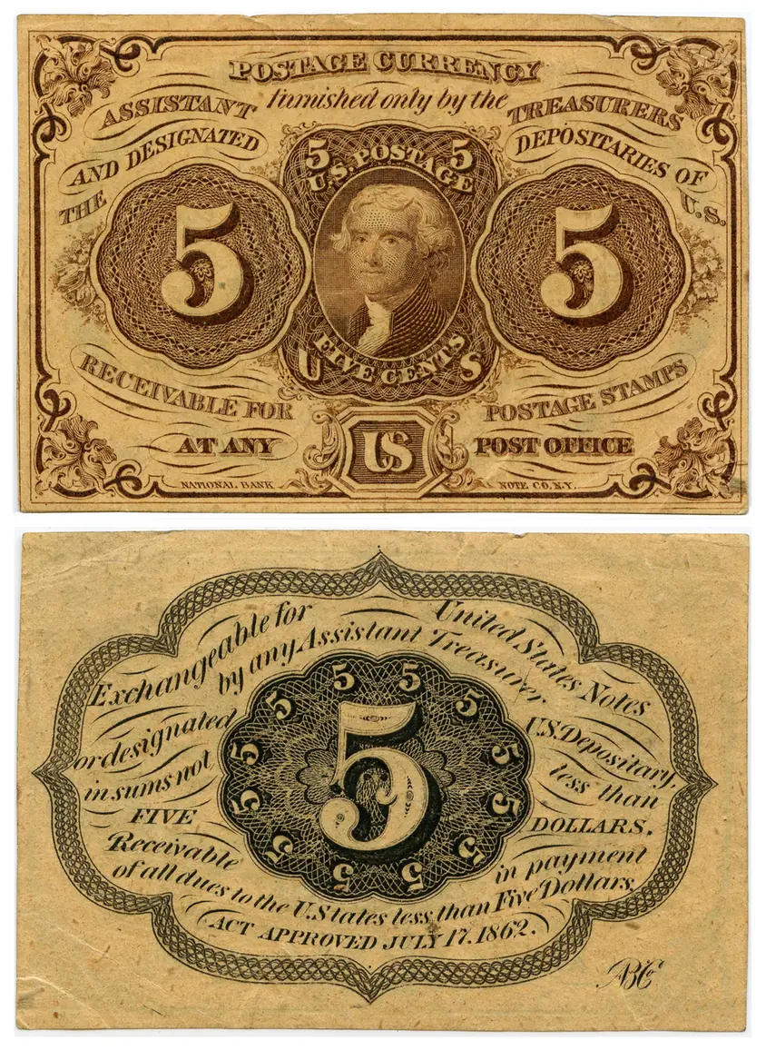 1862 five-cent Postage Currency note showing a postage stamp design