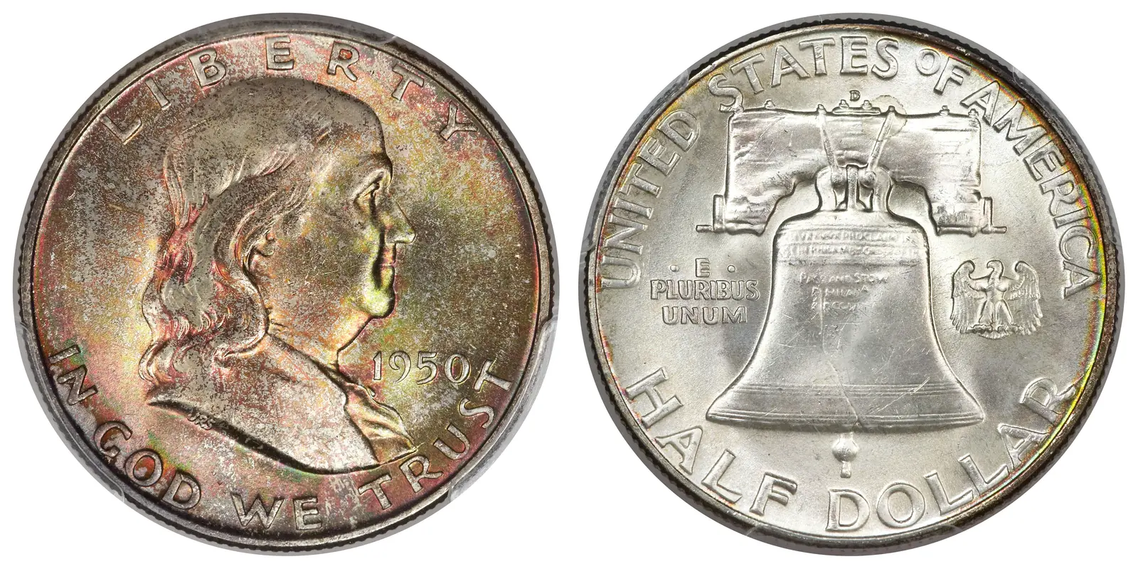 1950-D Franklin half dollar, front and back, with Full Bell Lines