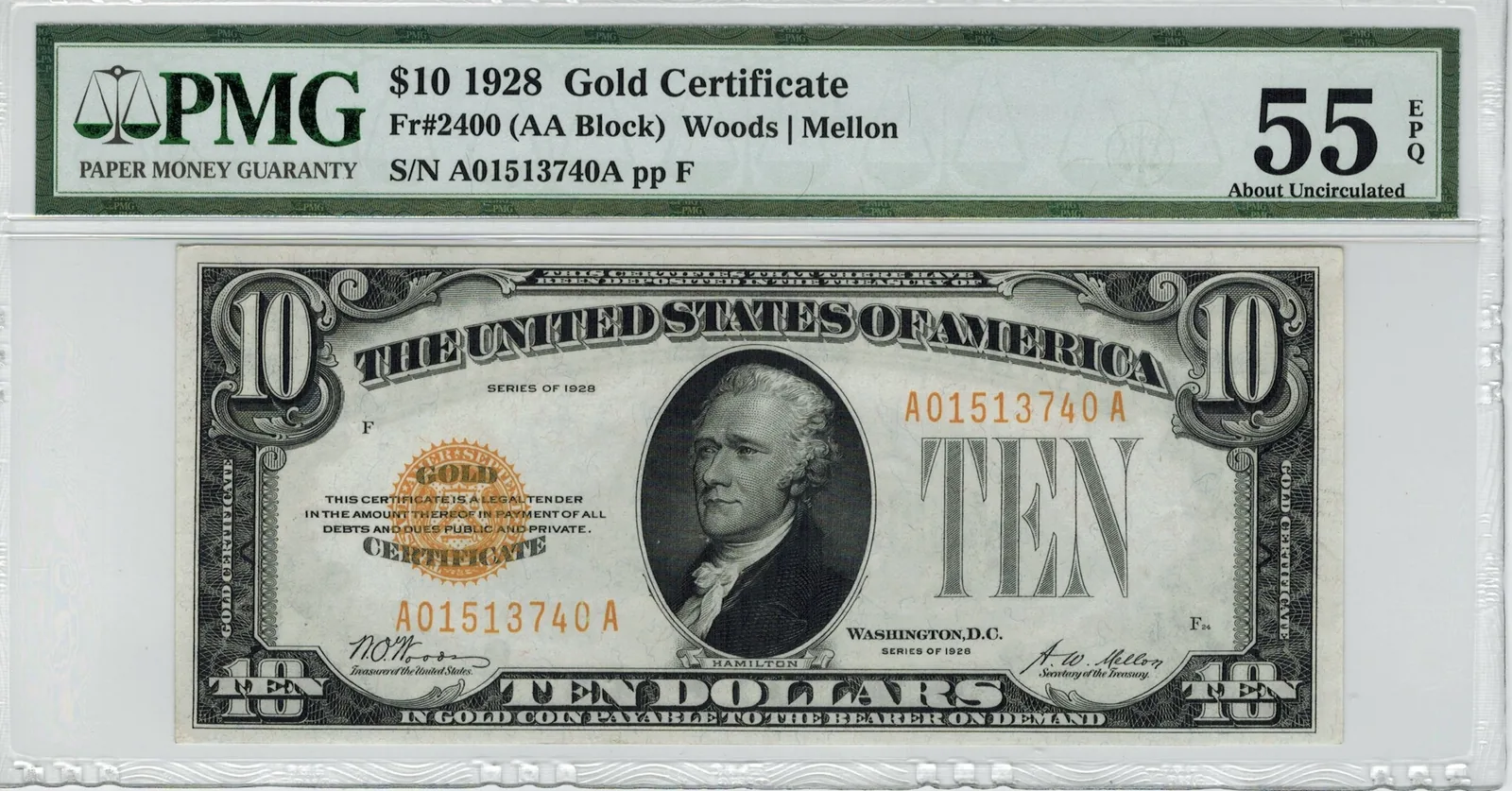 Series 1928 ten-dollar gold certificate with a gold seal, front