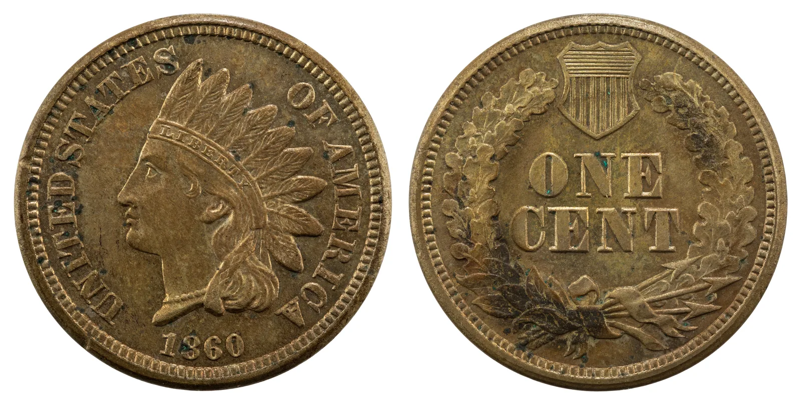 1860 copper-nickel Indian Head cent, front and back, with an oak wreath and shield