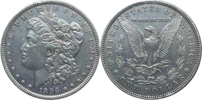 1896 Morgan silver dollar, front and back