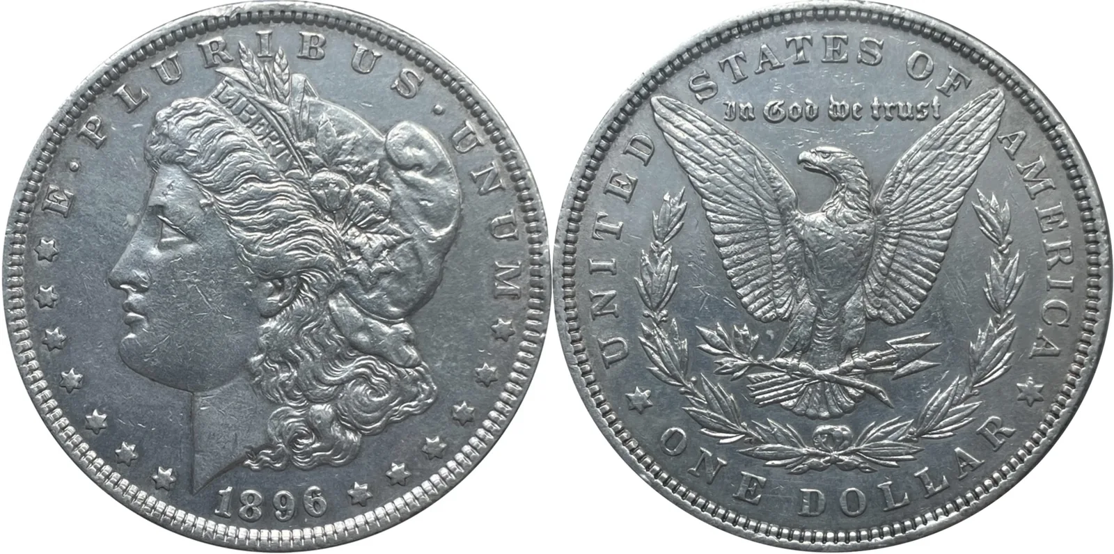 1896 Morgan silver dollar, front and back