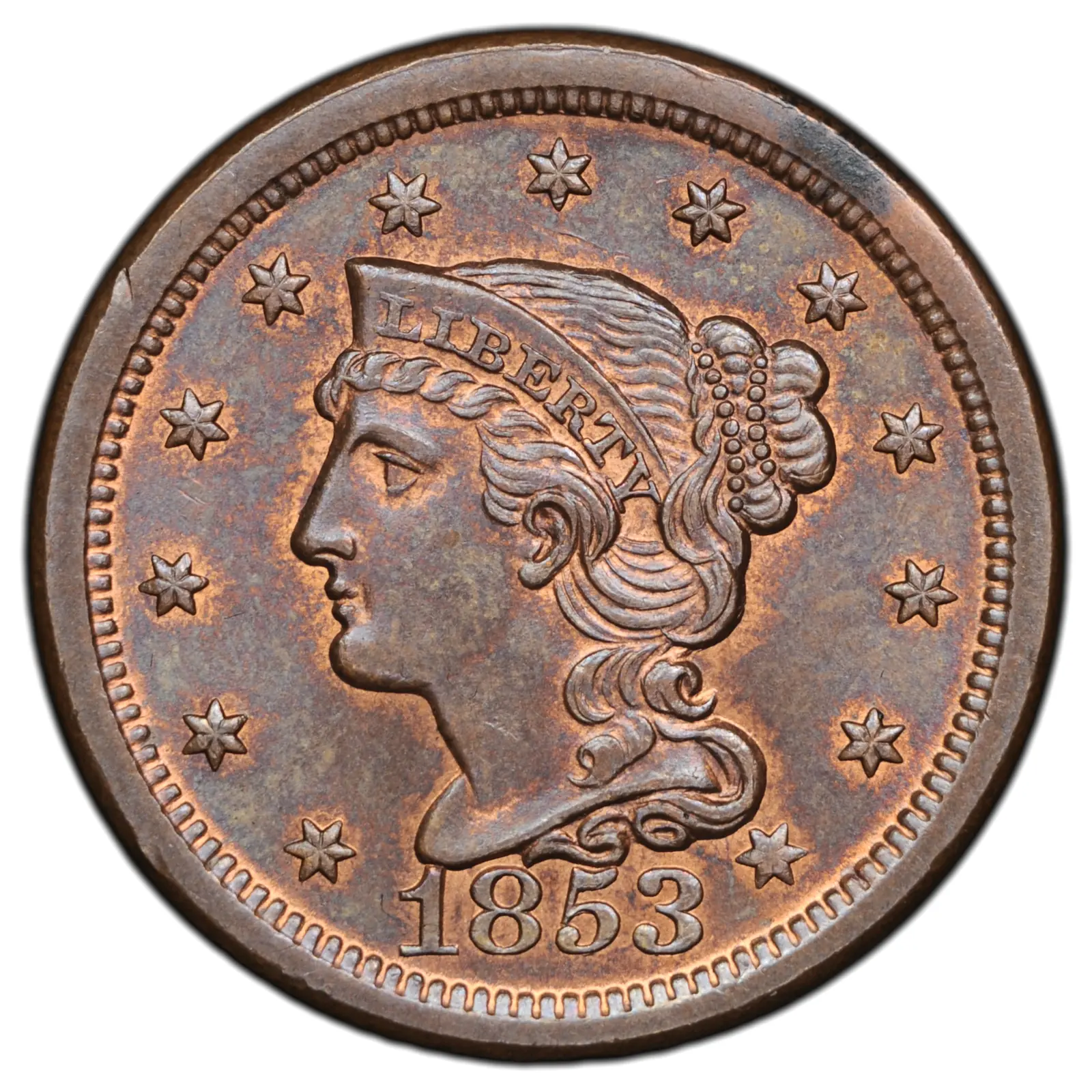 1853 Braided Hair large cent, front