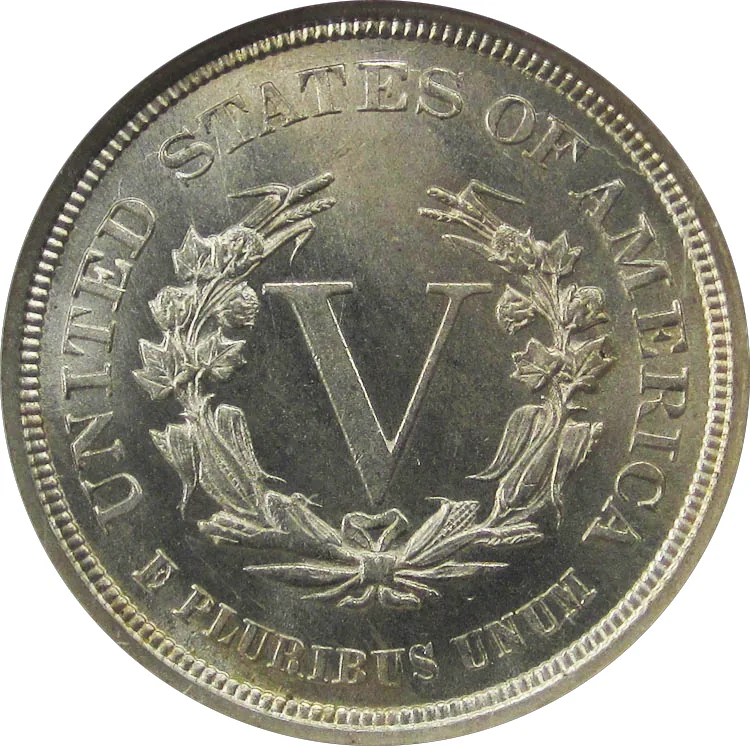 1883 No CENTS Liberty Head nickel, back, with a large V and no word CENTS