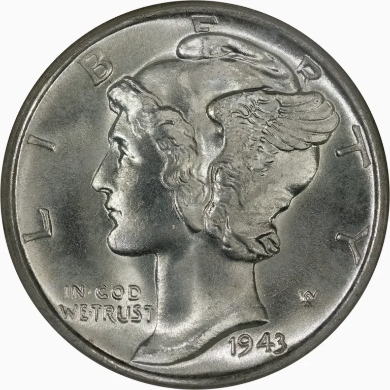 1943-D Mercury dime, front, showing Liberty in a winged cap