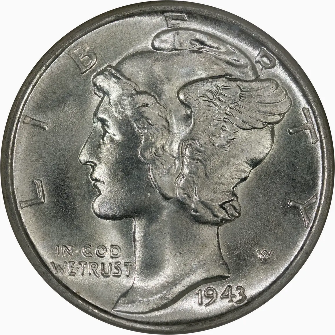 1943-D Mercury dime, front, showing Liberty in a winged cap