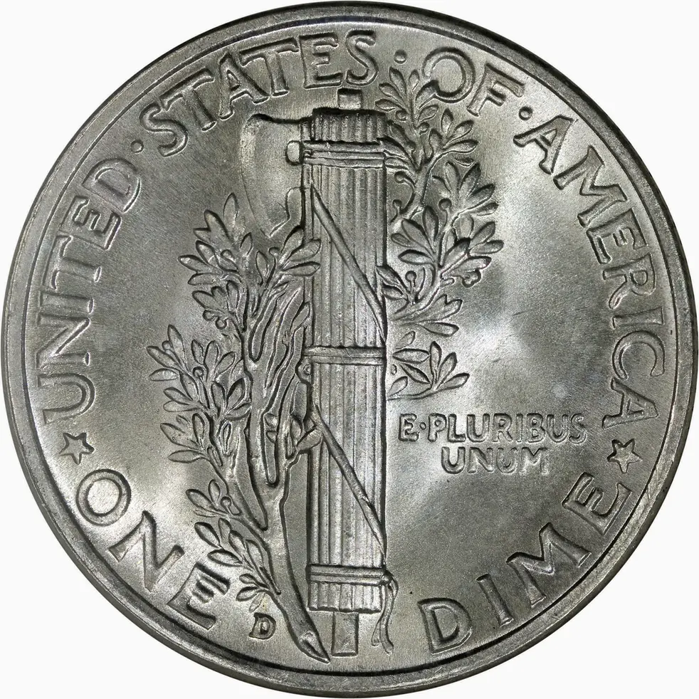 1943-D Mercury dime, back, showing the fasces and the D mint mark