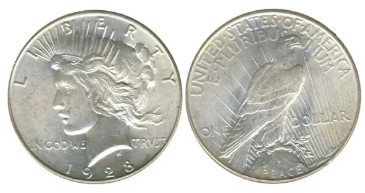 1928 Peace silver dollar, front and back