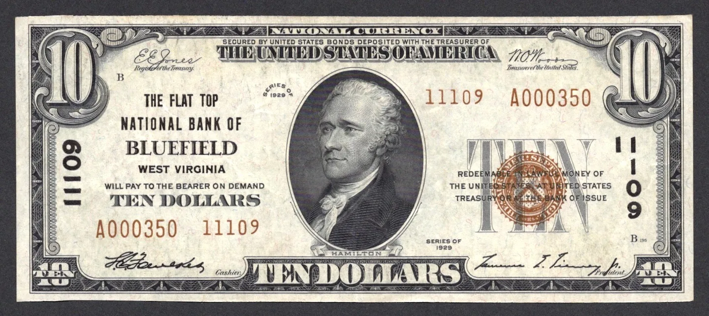 Small-size $10 National Bank Note with a brown seal and a local bank's name