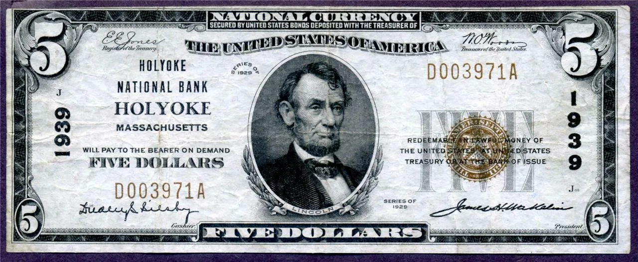 Large-size $5 National Bank Note from Holyoke, Massachusetts