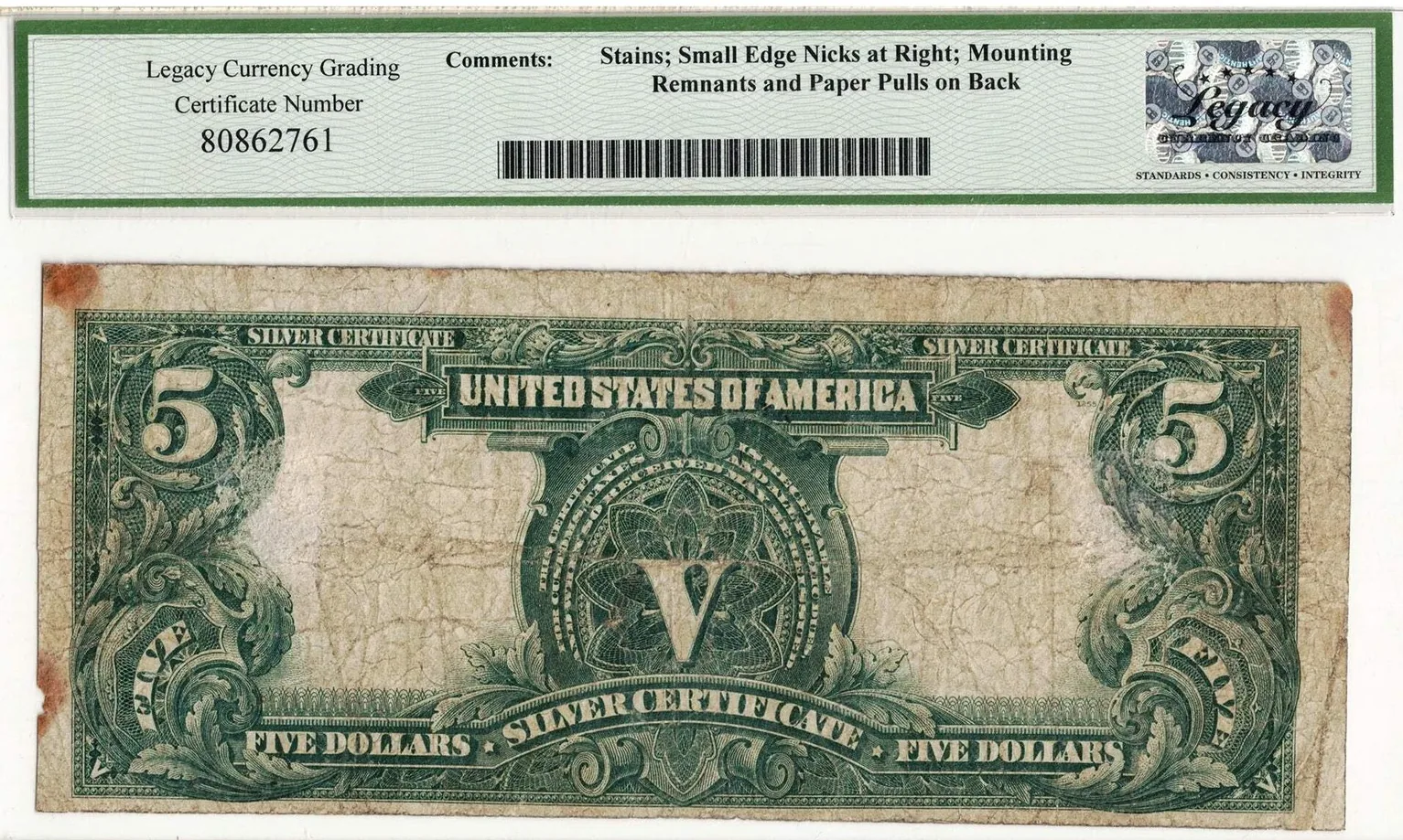 Very Good 8 1899 $5 Chief Silver Certificate, back