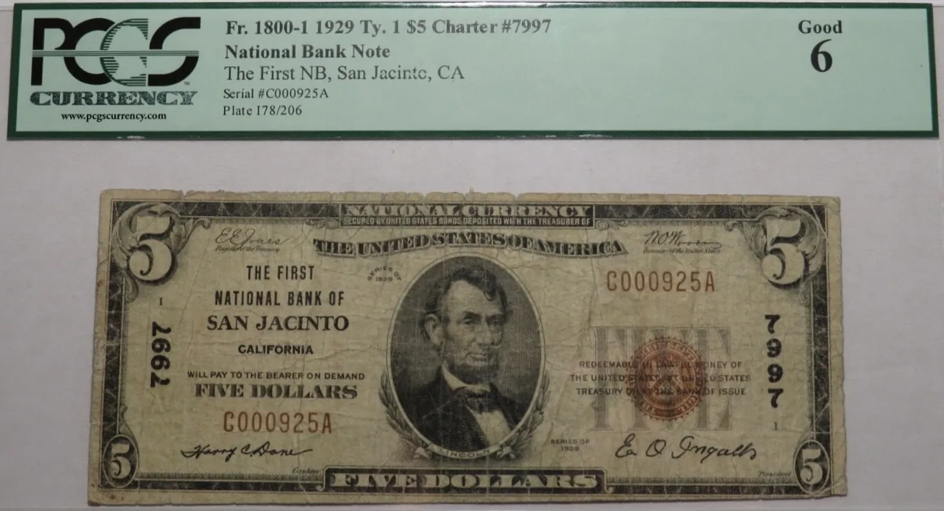 PCGS Good 6 1929 $5 National Bank Note (Fr. 1800-1), front