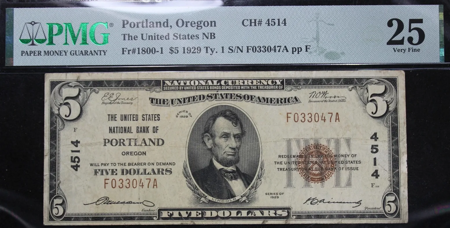 PMG Very Fine 25 1929 $5 National Bank Note (Fr. 1800-1), front