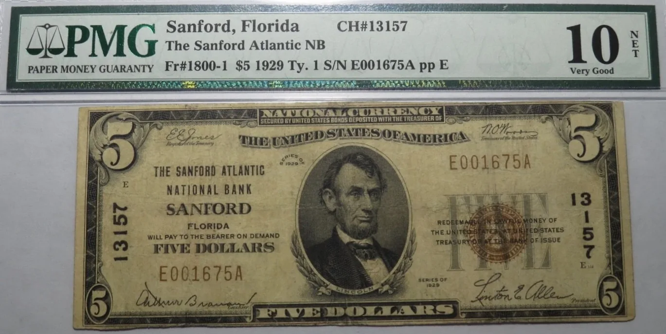 PMG Very Good 10 NET 1929 $5 National Bank Note (Fr. 1800-1), front