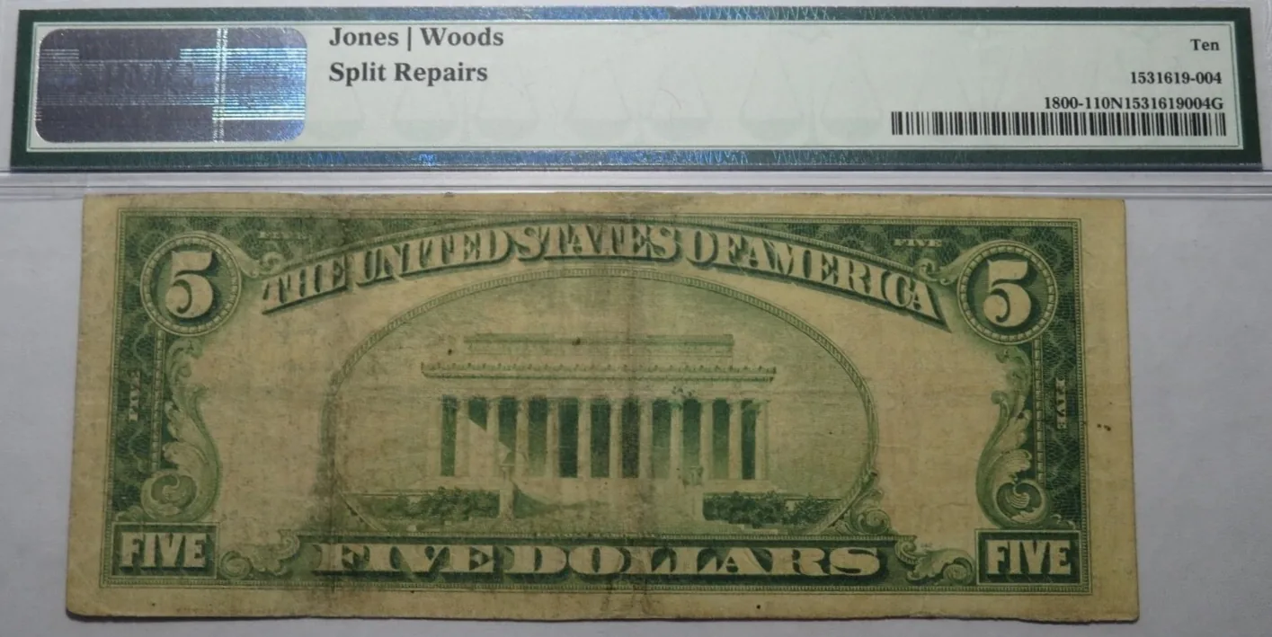 PMG Very Good 10 NET 1929 $5 National Bank Note (Fr. 1800-1), back