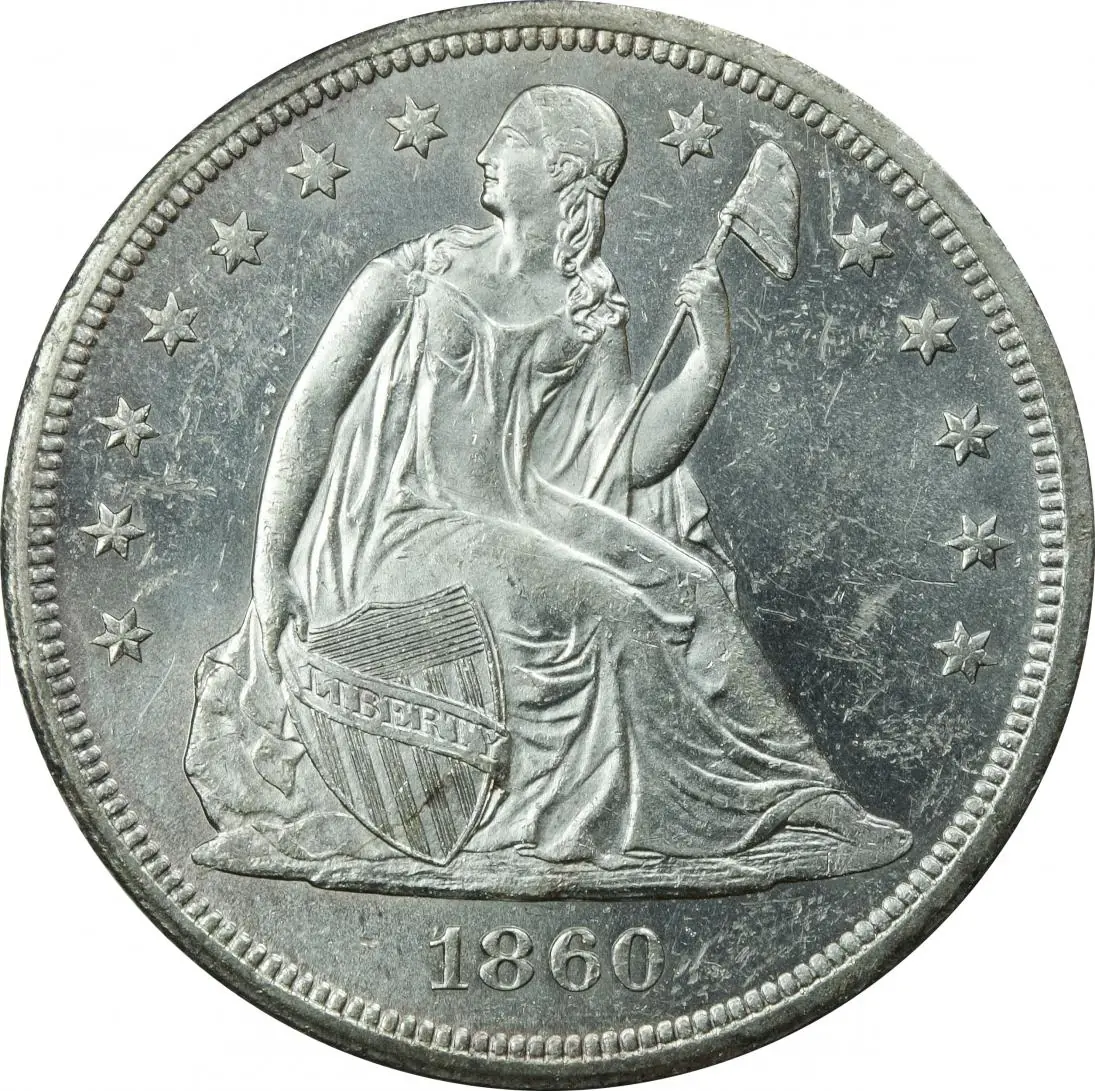 1860-O Seated Liberty silver dollar, front