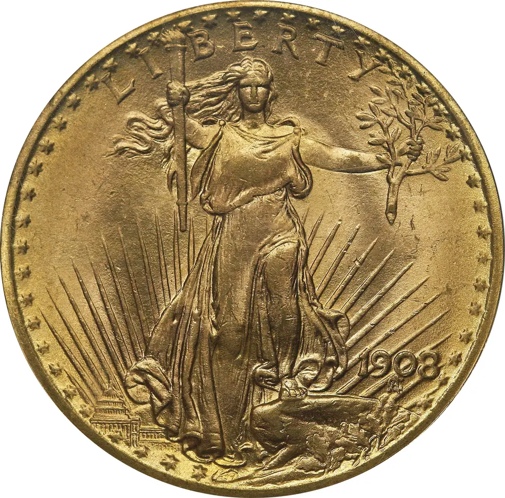 1908 Saint-Gaudens $20 gold double eagle, front