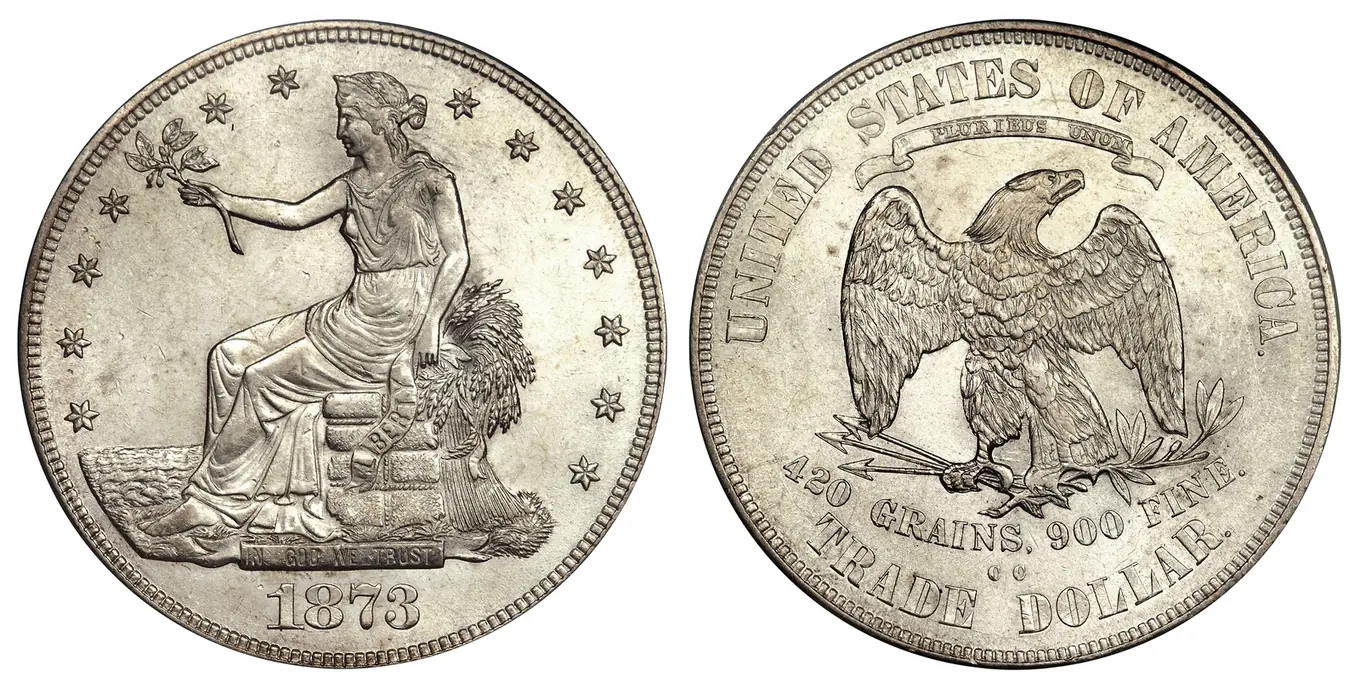 1873-CC Trade dollar, front and back