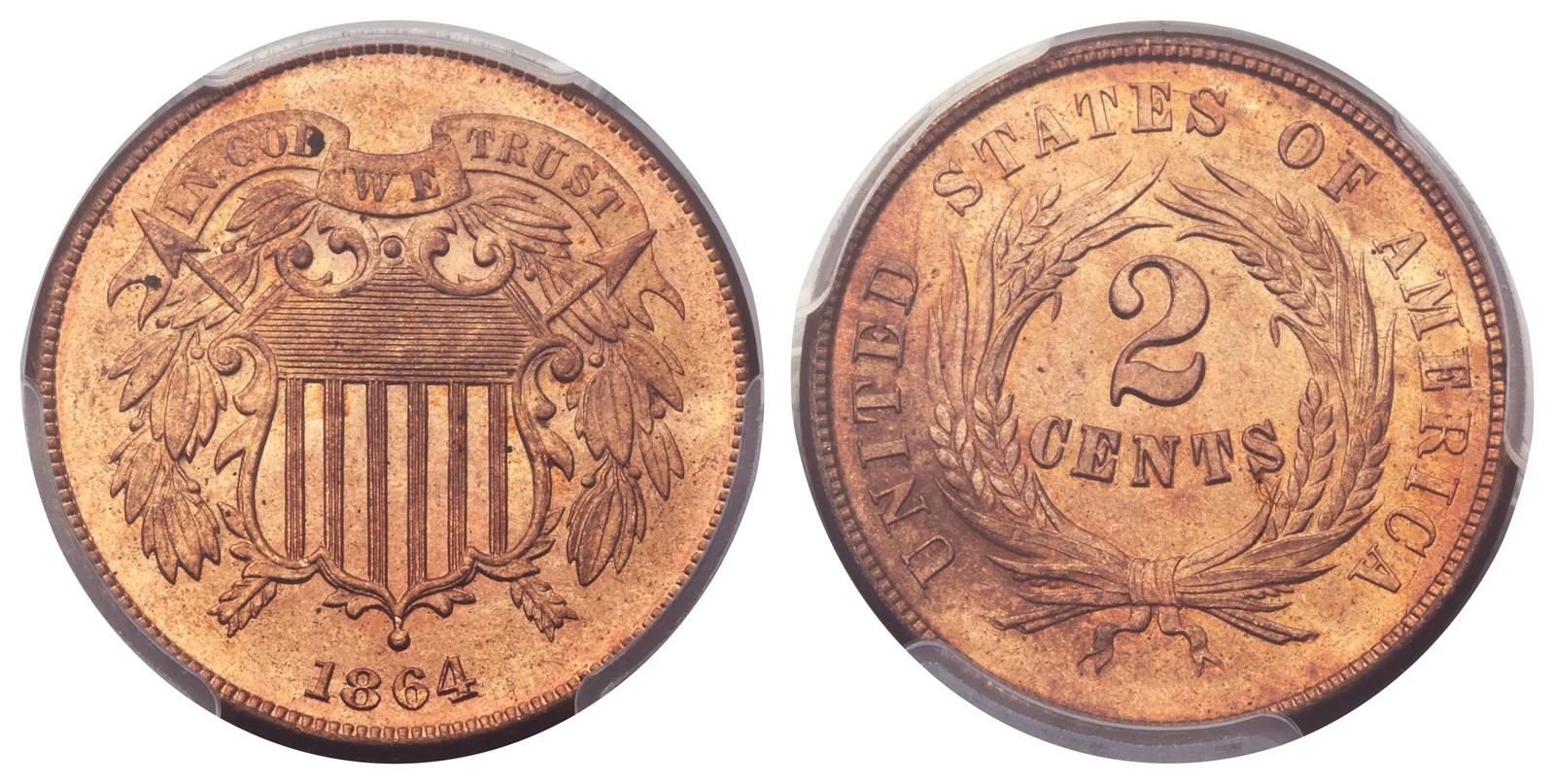 1864 two-cent piece, front and back, showing the shield and IN GOD WE TRUST