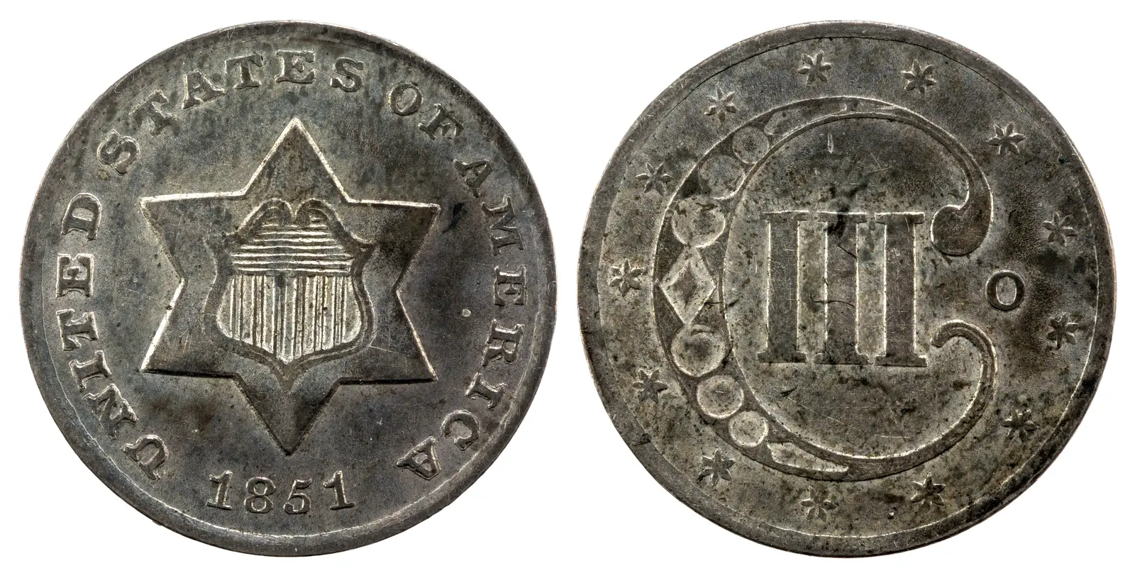 1851 three-cent silver coin, front and back