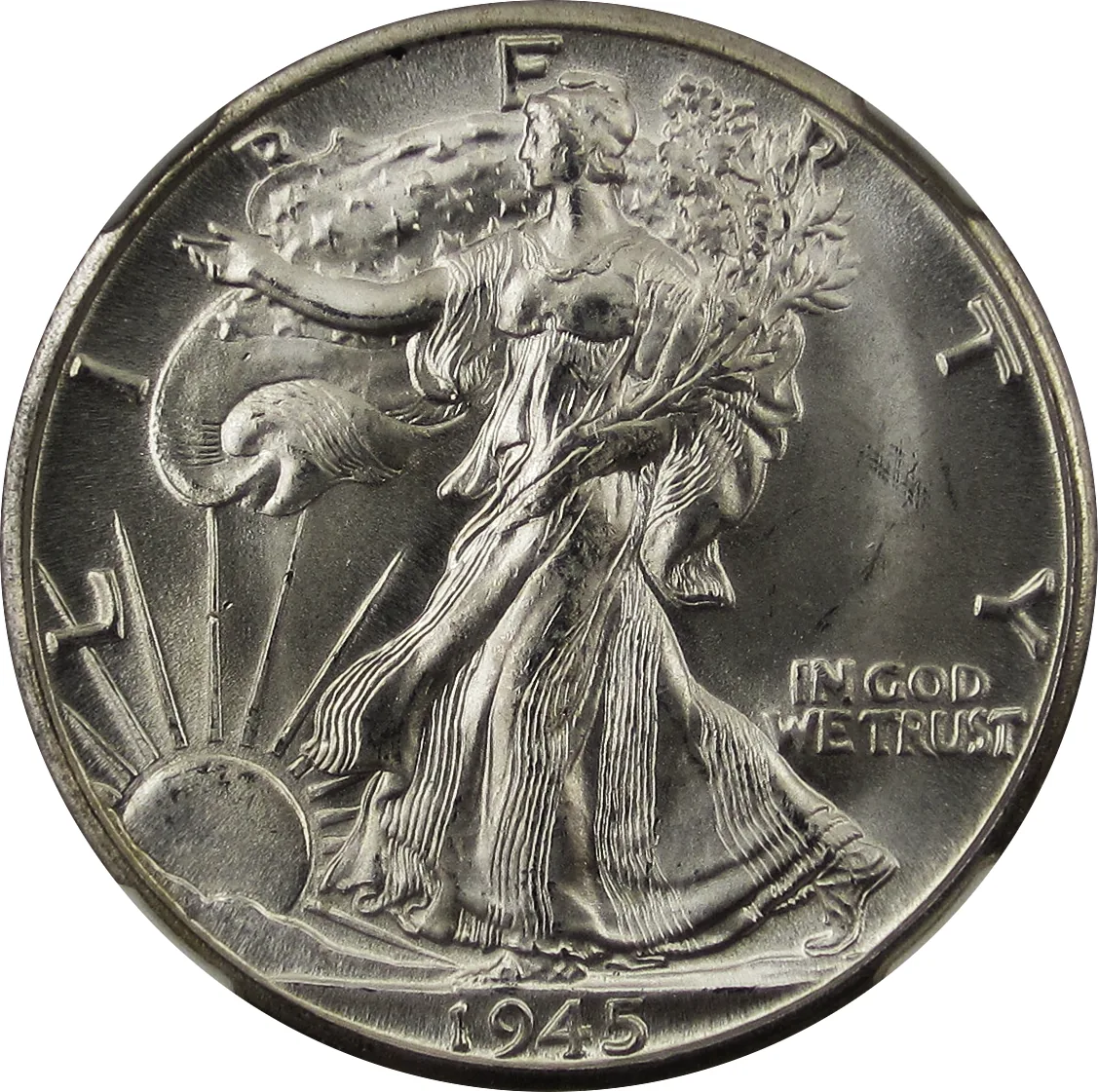 1945-D Walking Liberty half dollar, front