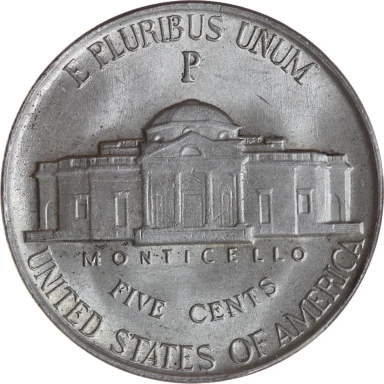 1945-P Jefferson war nickel, back, with a large P mint mark above Monticello's dome